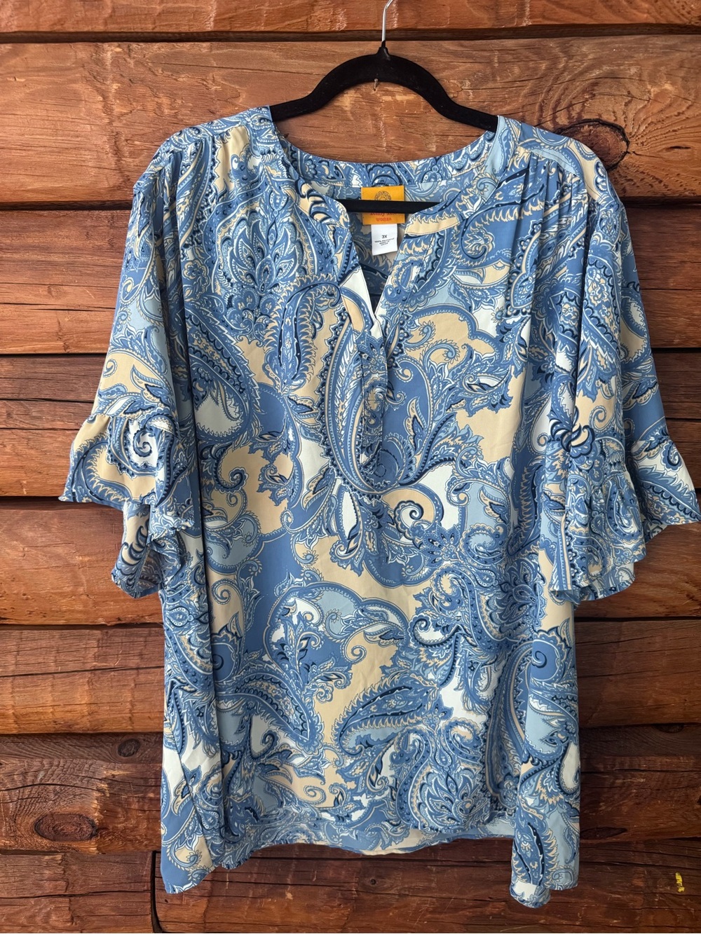 Ruby Rd. Blue and Cream Paisley Ruffle Sleeve Top
